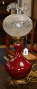 An oxblood red 19th century converted oil lamp and shade