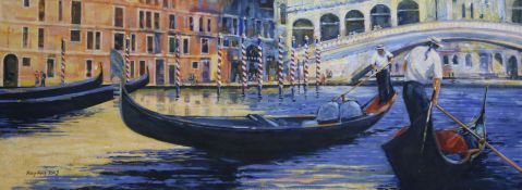 Roy Avis, oil on canvas, Gondoliers on the Grand Canal, signed and dated 2003, 30 x 80cm.