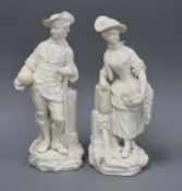 A pair of Derby Neoclassical biscuit figures of a gardener and companion, c.1771 h. 18.5 and
