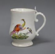 A Derby baluster-shaped mug, c.1758, painted with two exotic birds, the reverse with a single bird