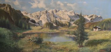 De Rosa, oil on canvas, Mountain landscape, signed, 58 x 119cm