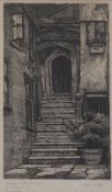 T.J. Farnworth, pair of watercolours, landscape and an etching, 'Strangers Hall Doorway, St Andrew