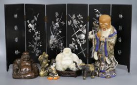 A collection of Buddha figures, a table screen etc screen height 29cm