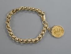 A 9ct gold bracelet hung with a mounted half sovereign.
