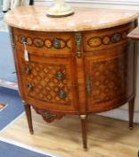 A Louis XVI design marquetry inlaid demi lune marble top commode W.97cm