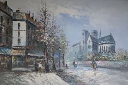 L. Burnby, oil on canvas, Notre Dame from the river, signed 61 x 90cm.