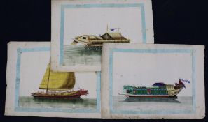 Seven 19th century Chinese pith paintings, five depicting junk boats and two flowers