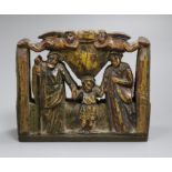 A Sicilian carved and painted wood religious group with Palermo retailer's label, width 18cm, 15cm