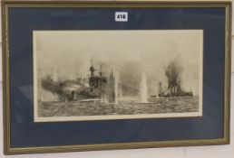 William Lionel Wyllie, etching, 'HMS Warspite and Warrior at Jutland', signed in pencil, 22 x 43cm