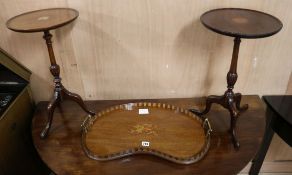 Two Edwardian inlaid mahogany wine tables and inlaid mahogany kidney-shape tray W.59cm