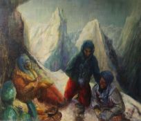 J.Alcock, oil on canvas, Mountaineers resting at high altitude, signed 63 x 76cm.
