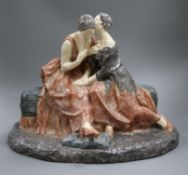 A signed Bardery, a French glazed pottery figure group of two girls 35cm high, 40cm wide