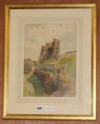 Arthur Suker (1857-) watercolour, Corfe Castle, monogrammed 33 x 24cm.