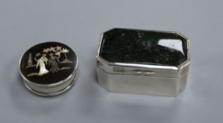 A rectangular silver trinket box with canted corners and moss agate top and a circular silver and