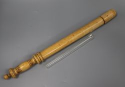A Victorian turned wood truncheon, the top unscrewing to reveal a glass vessel, 54cm