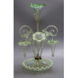 A late Victorian vaseline glass three branch epergne 55cm high