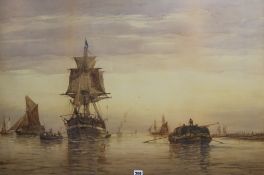 Richard Henry Nibbs (1816-1893), watercolour, Estuary scene with ships and barges, signed and