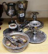 Mixed plates wares including coaster, three chambersticks (a.f.), three goblets, six condiment