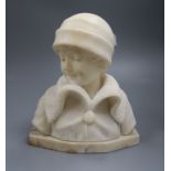 An Art Deco alabaster or marble bust of a young girl 24cm high