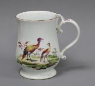 A Derby baluster-shaped mug, c.1758, painted with two exotic birds in a landscape, the reverse