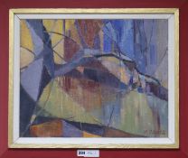 Margaret Genge (Minehead artist) Abstract landscape, 'Across the river' oil on canvas signed 40cm