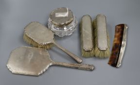 A 1930's matched silver six piece dressing table set, Alexander Clark & Co and Adie Bros,