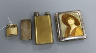 A 9ct gold cased lighter, a silver lighter, a Dunhill lighter filler and a cigarette case.