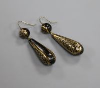 A pair of late Victorian tortoiseshell and yellow metal pique pear shaped drop earrings, 45mm.