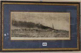 William Lionel Wyllie, etching, 'HMS Champion and the 13th Flotilla at Jutland', signed in pencil,