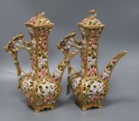 A pair of Zsolnay Pecs pierced ewers 30cm high