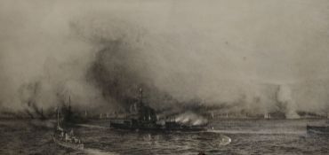 William Lionel Wyllie, etching, 'HMS Iron Duke at Windy Corner, Jutland', signed in pencil, 29 x