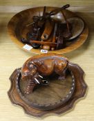 A large shallow treen bowl, 45cm and sundries including two trays