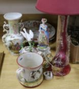 Mixed ornamental china including a frog mug and a glass dolphin lamp Lamp 60cm high