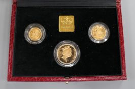 A cased UK gold proof sovereign three coin set 1990, comprising half sovereign, sovereign and two