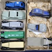 Seven early Dinky die-cast models and a clock work Citroen car in a Dinky Toys 6 Vauxhall 30D box