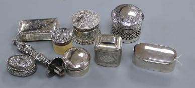 A Dutch silver snuff box and a collection of small silver boxes, etc, including an embossed