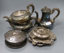 Two plated salvers, two plated teapots (a.f.), a plated butter dish & cover with stand and a