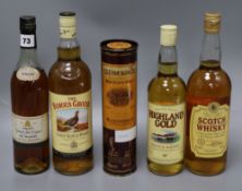 Four bottles of assorted whiskies and one bottle of cognac