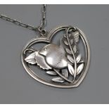A Georg Jensen sterling silver heart shaped robin pendant, no. 97, on chain, pendant 40mm.