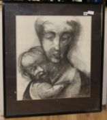 English School, mid 20th century, charcoal abstract portrait, mother and child 64 x 58cm.