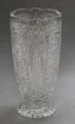 A cut glass tall flower vase with stiff leaf design height 35.5cm