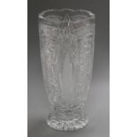 A cut glass tall flower vase with stiff leaf design height 35.5cm