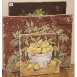 A group of three fresco-style textured paintings, two painted with lemons in bowls, 51 x 62cm & 35 x