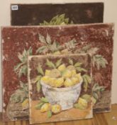 A group of three fresco-style textured paintings, two painted with lemons in bowls, 51 x 62cm & 35 x