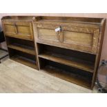 Two oak fall front desks W.99.5cm and 107cm