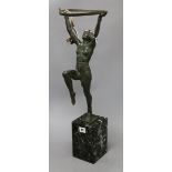 Max Le Verrier. An Art Deco spelter figural dancer lamp shade lacking