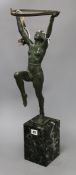 Max Le Verrier. An Art Deco spelter figural dancer lamp shade lacking
