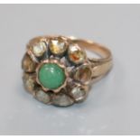 A 19th century yellow metal, cabochon cut emerald and rose cut diamond set cluster ring, size J.