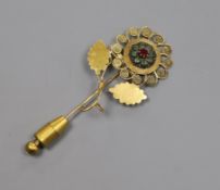 A French 18ct yellow metal enamel and paste? set flower head stick pin, overall 65mm.