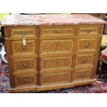 A French transitional style marble top four drawer commode W.130cm